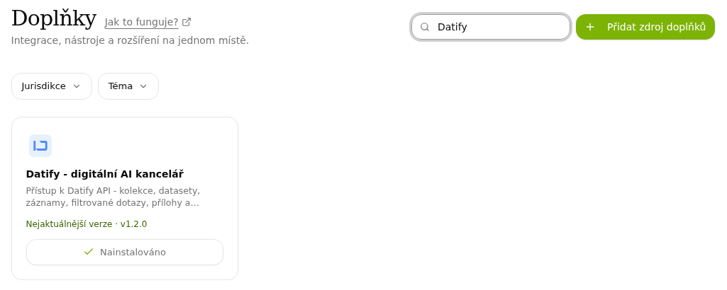 Doplňky, karta Datify - digitální AI kancelář
