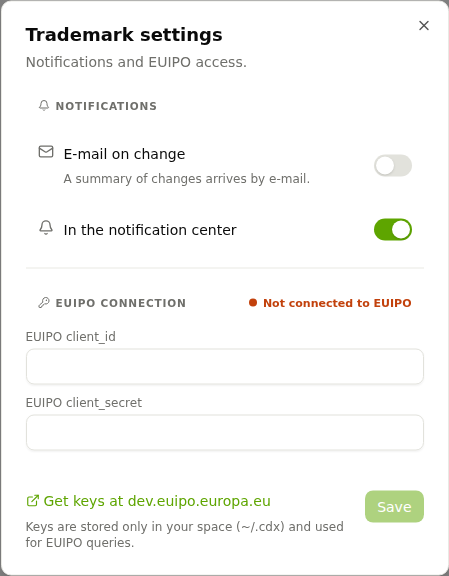 Trademark settings with notifications and fields for the EUIPO credentials