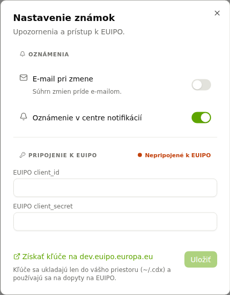 Nastavenie známok s upozorneniami a poľami na prístupové údaje k EUIPO