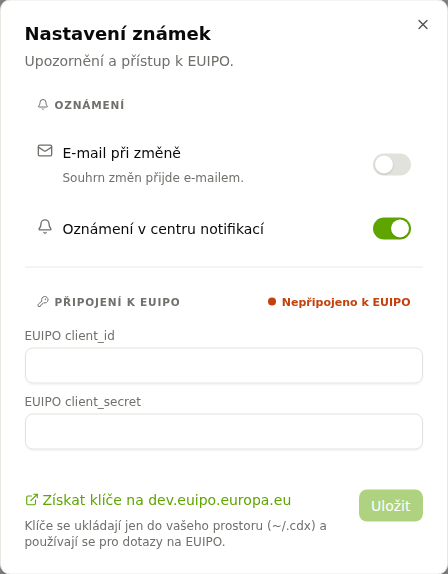 Nastavení známek s upozorněním a poli pro přístupové údaje k EUIPO