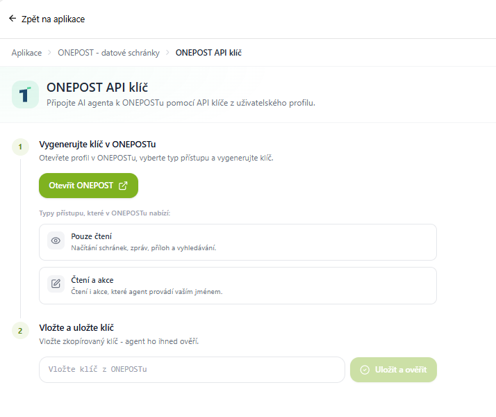 Aplikácie v Agentovi: ONEPOST API klíč