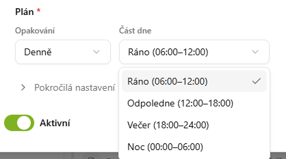 Nastavení automatizace — výběr časového okna