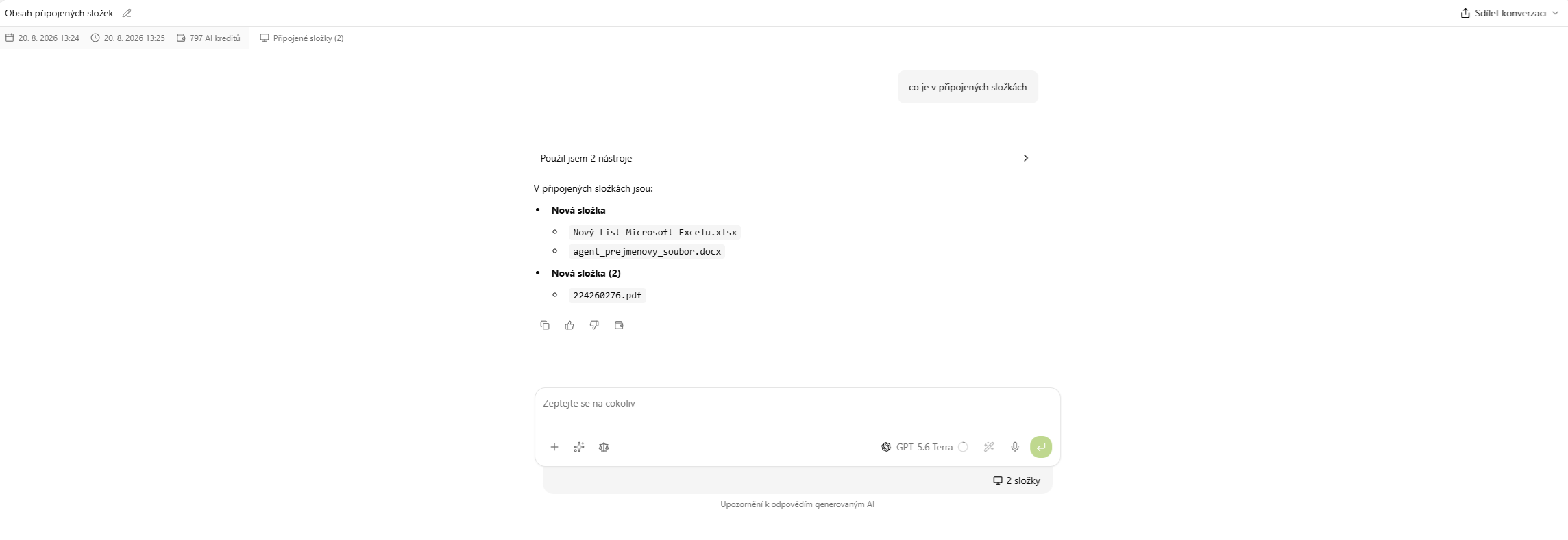 The agent listing the contents of connected folders in the chat