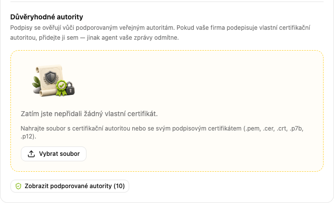 Sekce Důvěryhodné autority s tlačítky Vybrat soubor a Zobrazit podporované autority
