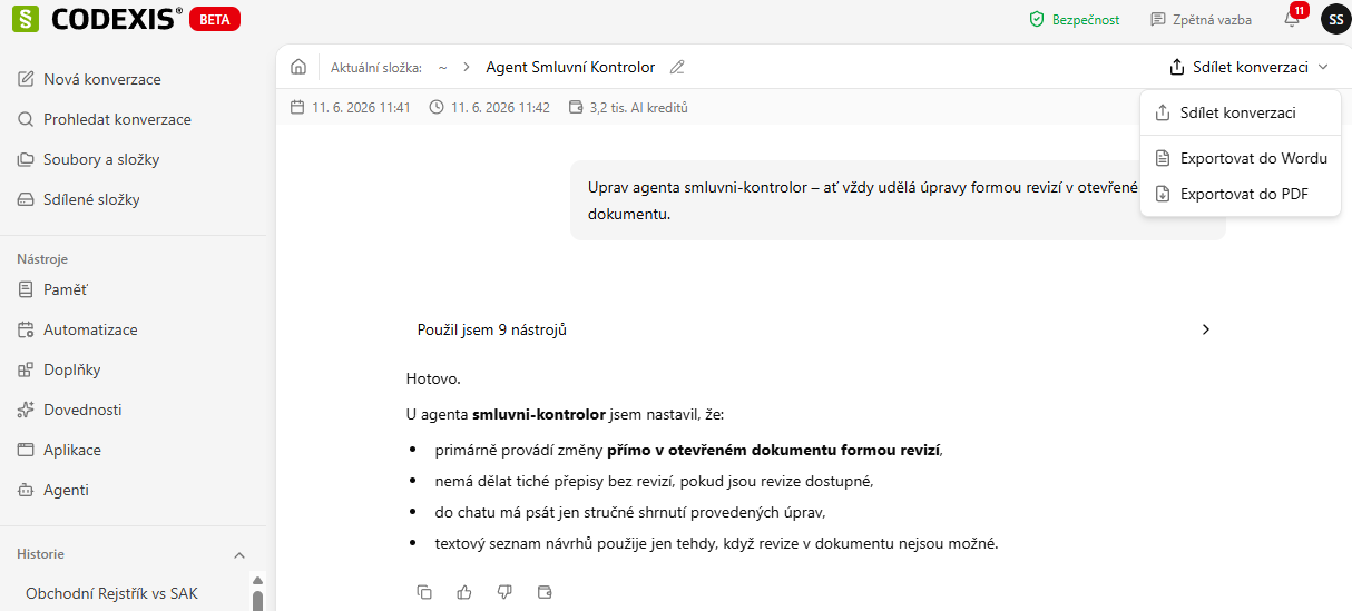 Export konverzácie do Wordu a PDF
