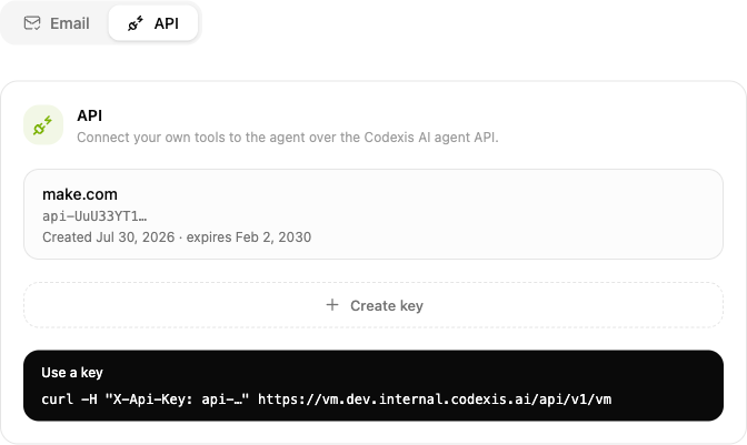 The API tab in Communication channels, showing the key list, the Create key button and a usage example
