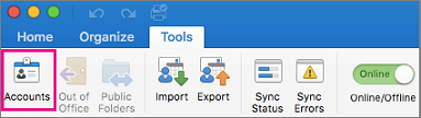 Tlačítko Accounts na kartě Tools ve starší verzi Outlooku pro Mac