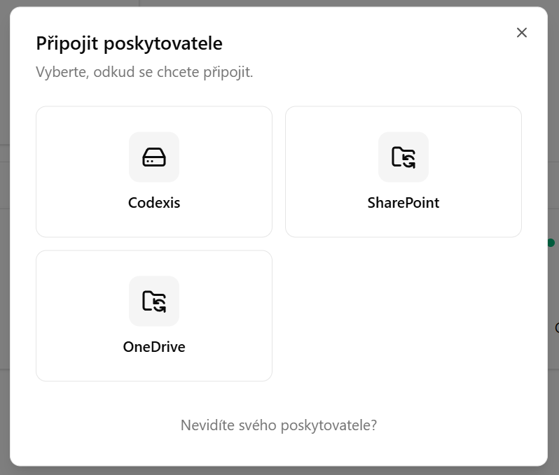 Připojit poskytovatele — Codexis, SharePoint, OneDrive