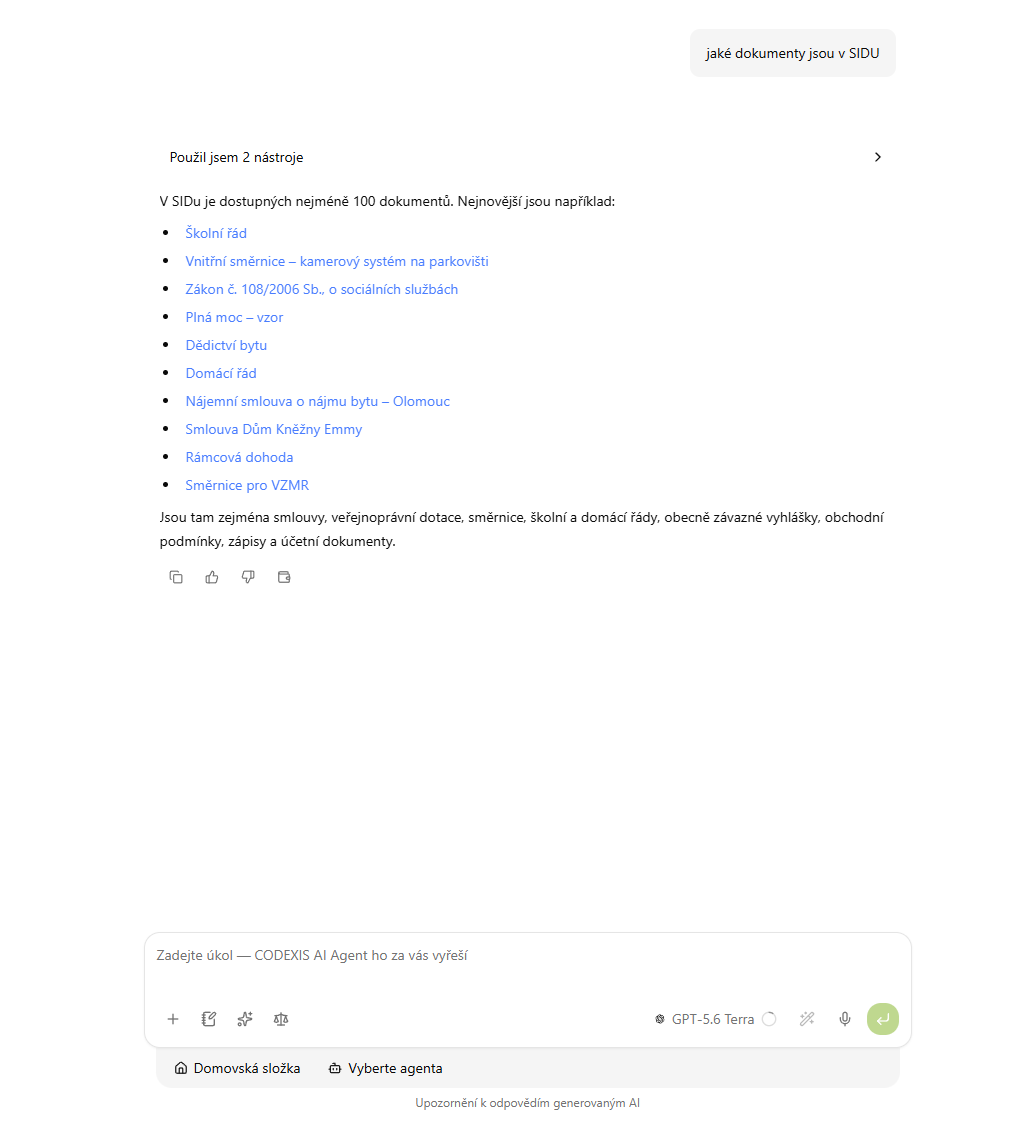 Chat — dokumenty ze SIDu v CODEXIS AI Agentovi