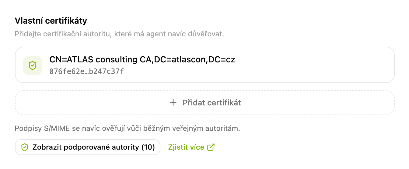 Sekce Vlastní certifikáty v Nastavení CODEXIS AI