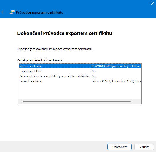 Dokončení Průvodce exportem certifikátu s cestou k souboru a formátem