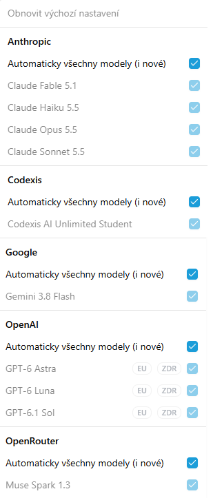 Výběr povolených modelů rozdělený podle poskytovatelů