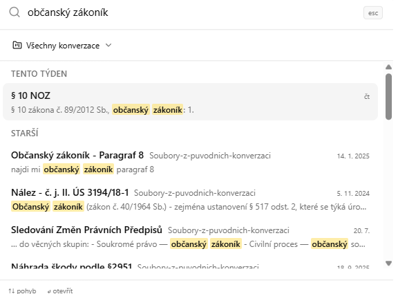 Vyhledávání konverzací s výběrem projektu a úryvky textu