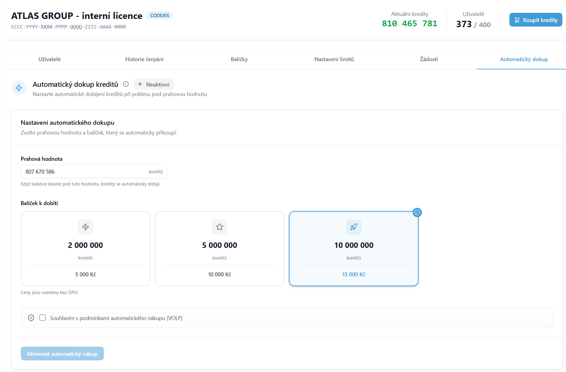 Automatický dokup — neaktivní