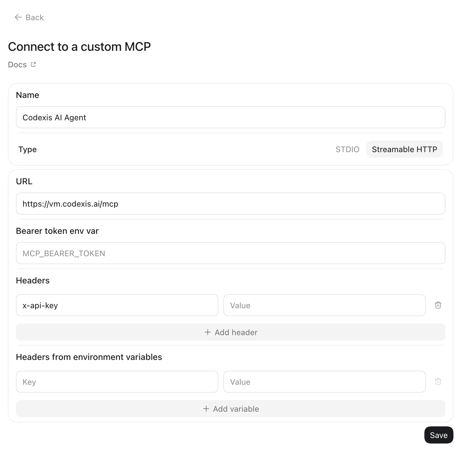 ChatGPT: formulár Streamable HTTP s adresou servera a prázdnou hodnotou API kľúča