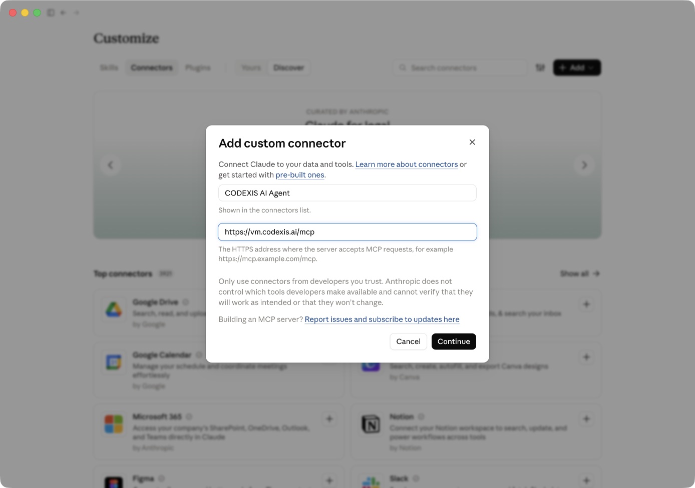 Claude Desktop: názov CODEXIS AI Agent a verejná adresa MCP servera
