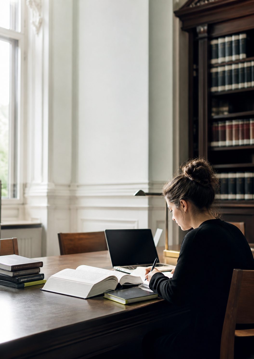 A student at a library table with an open textbook, a laptop and notes