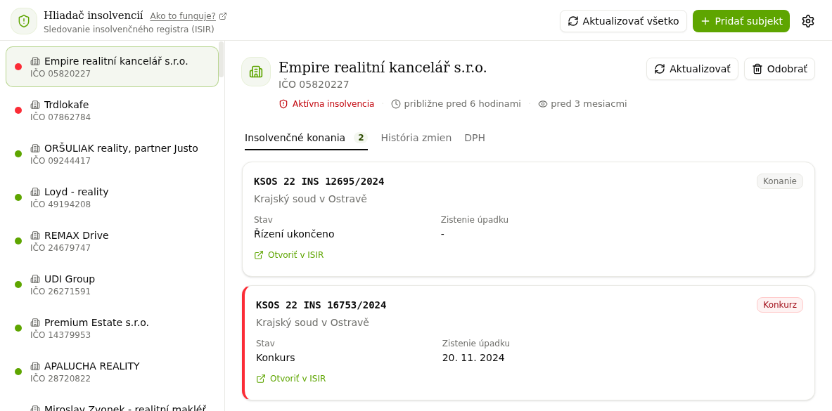 Hliadač insolvencií, detail subjektu s aktívnou insolvenciou