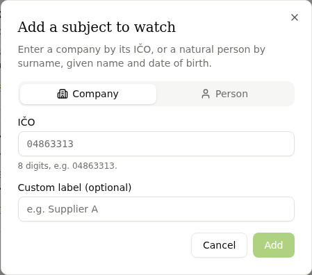 The Add a subject to watch dialog with the Company option and the IČO field