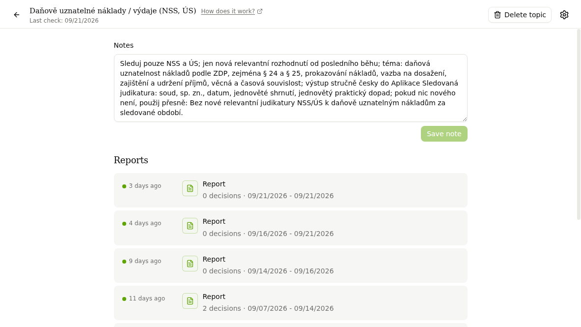 Topic detail with notes and a list of reports
