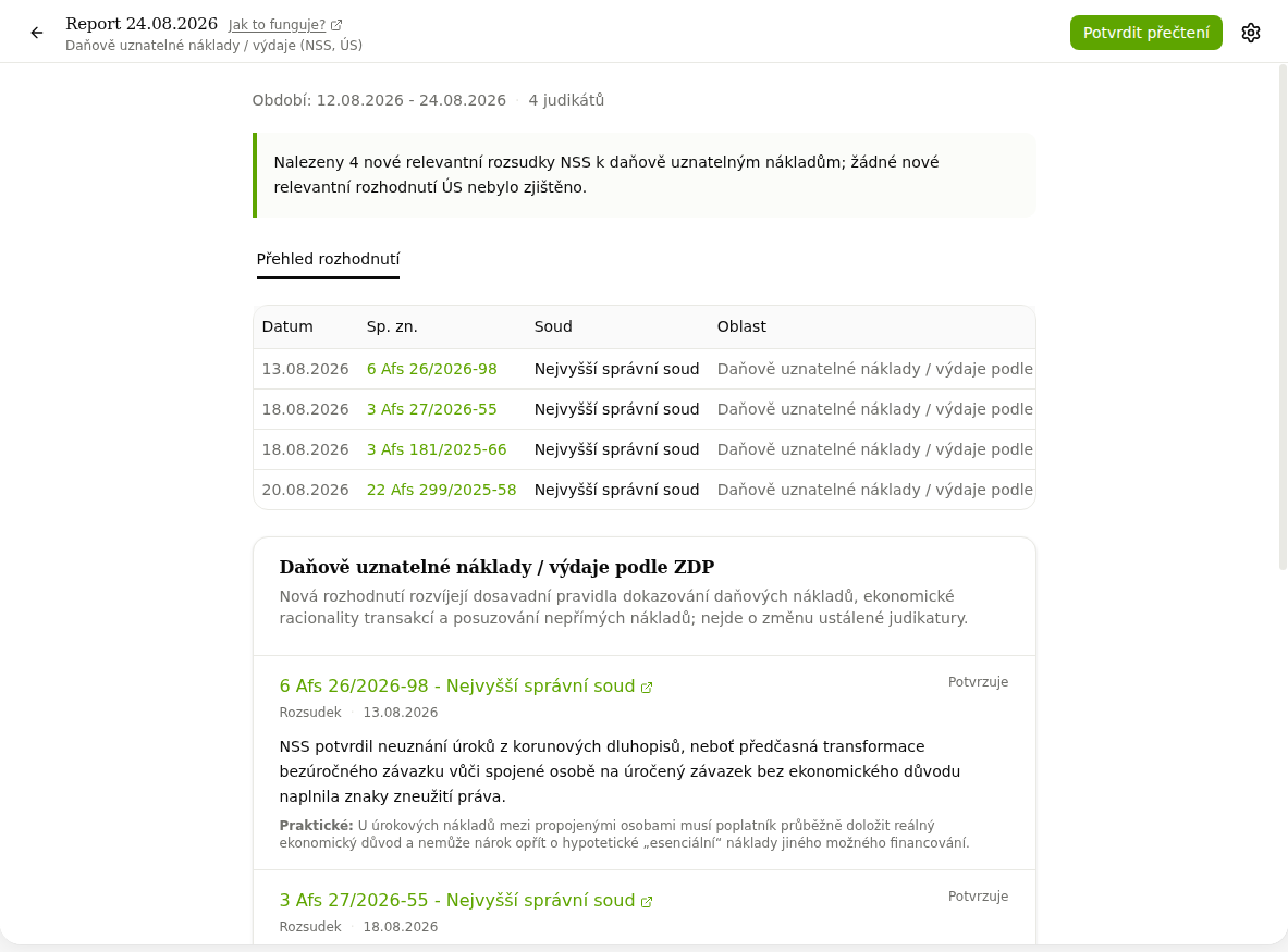 Report s přehledem rozhodnutí a detailem podle oblastí