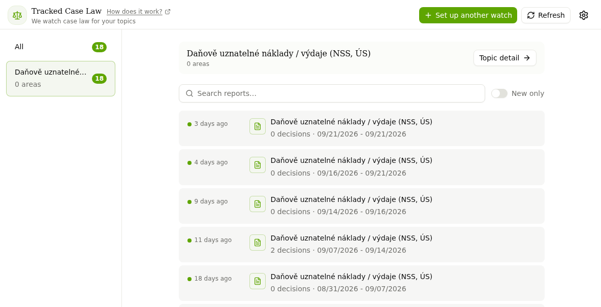 Tracked Case Law with a selected topic and a list of reports