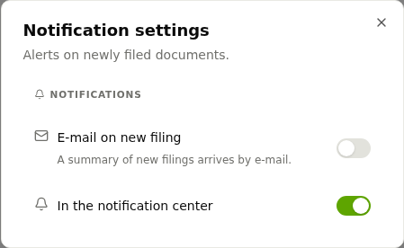 Notification settings with the E-mail on new filing and In the notification center options