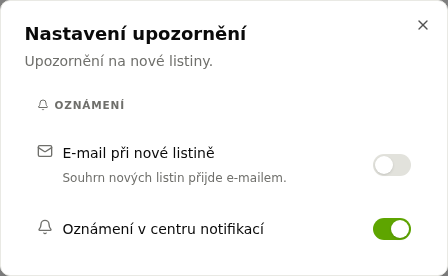 Nastavení upozornění s volbami E-mail při nové listině a Oznámení v centru notifikací
