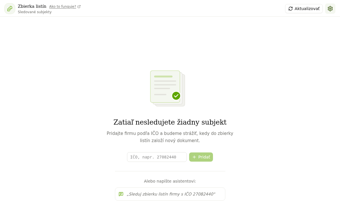 Zbierka listín, úvodná obrazovka s poľom na IČO