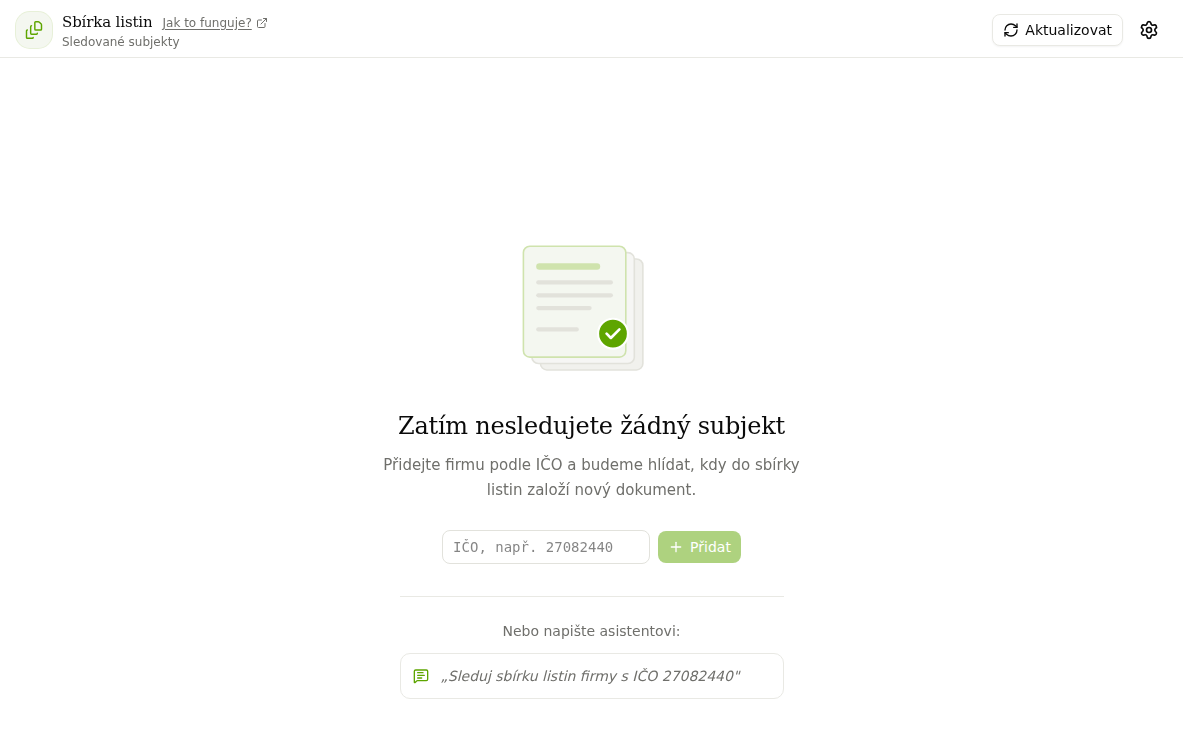 Sbírka listin, úvodní obrazovka s polem pro IČO