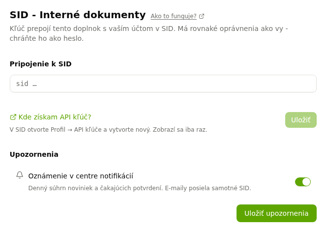 Aplikácia SID - Interné dokumenty s poľom na API kľúč a nastavením upozornení