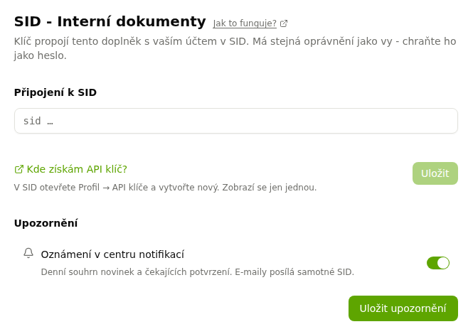 Aplikace SID - Interní dokumenty s polem pro API klíč a nastavením upozornění