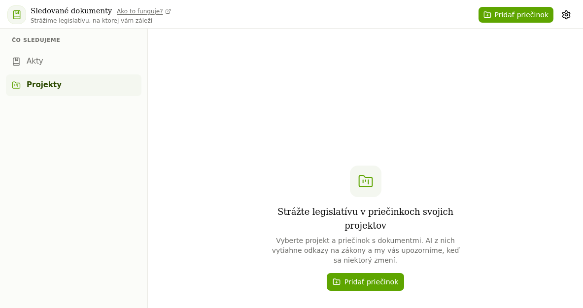 Sledované dokumenty, časť Projekty bez sledovaných priečinkov