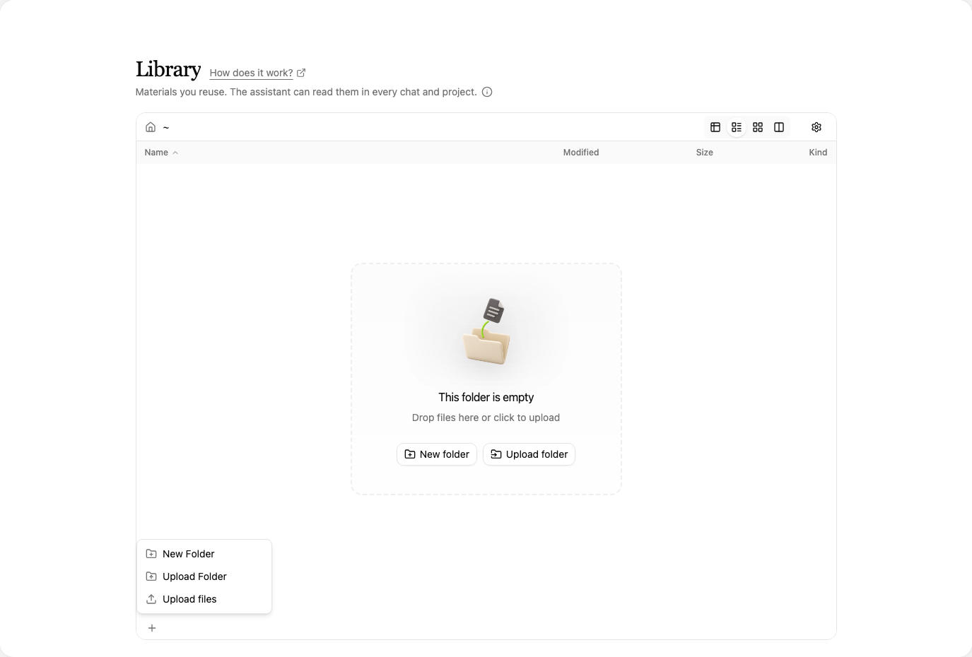 Menu for uploading files and creating a folder