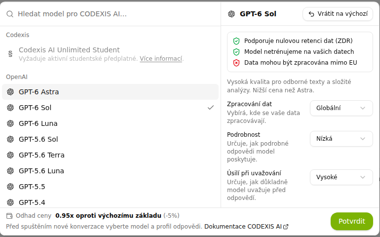 Výběr modelu s modely GPT-6 a nastavením profilu odpovědi