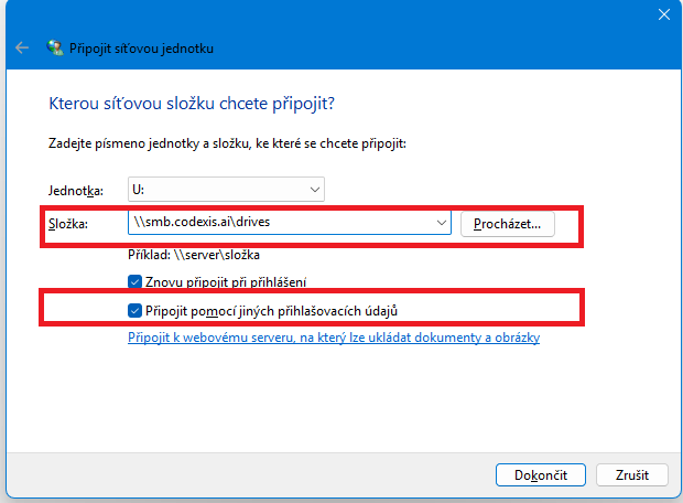 Připojit síťovou jednotku: adresa a přihlašovací volby