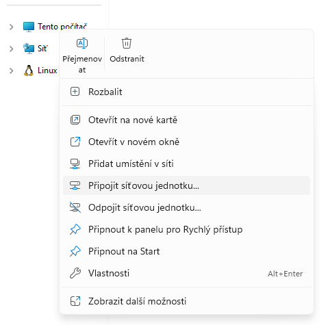 Průzkumník: Připojit síťovou jednotku
