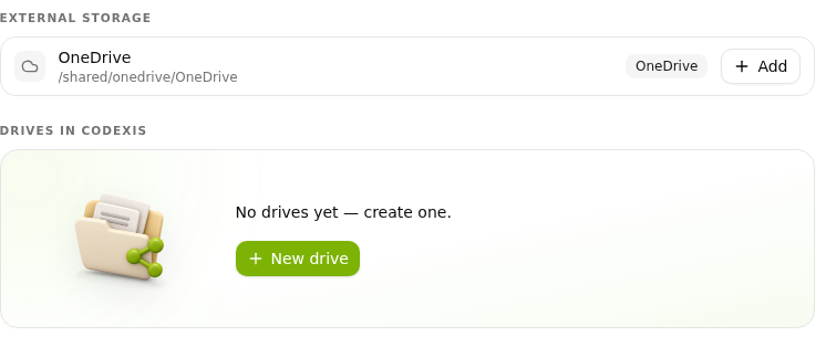 An empty Connections tab with the Connect storage and New drive prompts.
