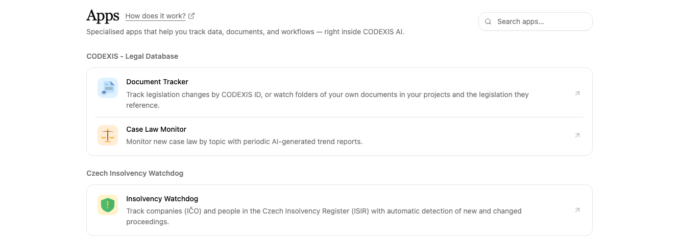 Apps overview with the Czech Insolvency Watchdog section