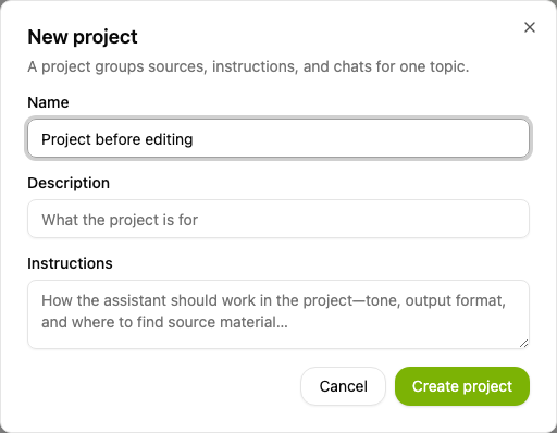 The New project dialog with a project name.