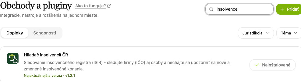 Doplnky, položka Hliadač insolvencií ČR