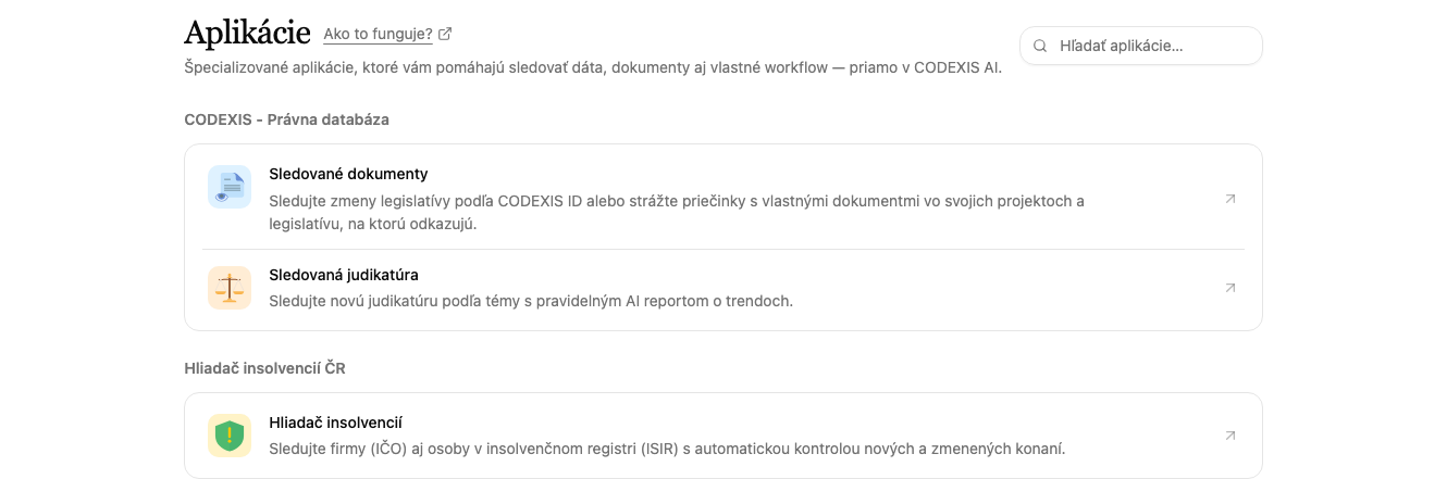 Prehľad aplikácií so sekciou Hliadač insolvencií ČR