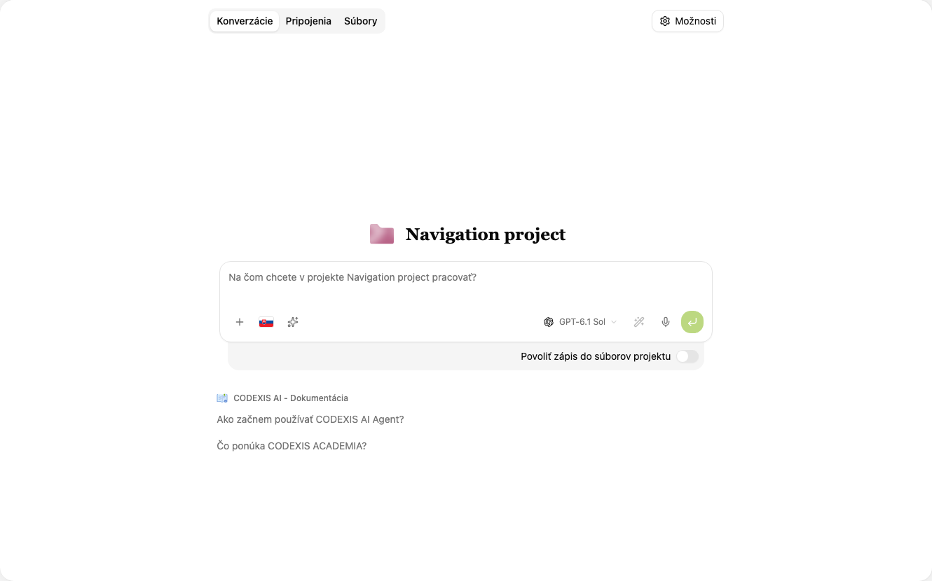 Konverzácie projektu a zadávacie pole pre novú požiadavku.