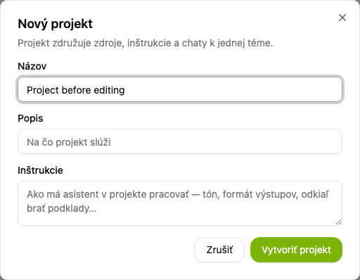 Dialóg Nový projekt s názvom projektu.